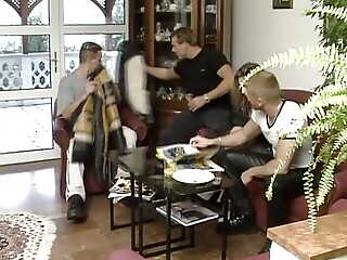A slim tow-haired old bag from Germany gets licked by three hard cock dudes
