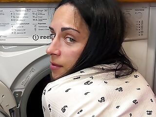 Stepson fucked Stepmom while she in inside of washing machine. Anal Creampie