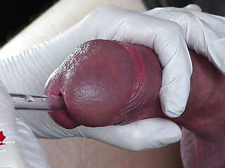 Perfect extraction of sperm directly from the urethra. Close-up of the glass straw sounding.