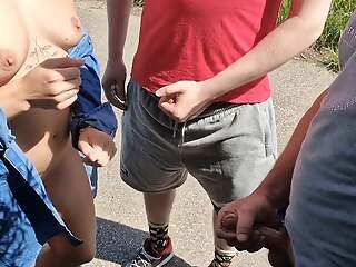 In the parking lot, two strangers masturbate and cum on their tits, handjob in public