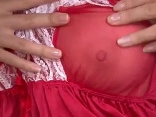 Momoka Rin shows off in red lingerie masturbating